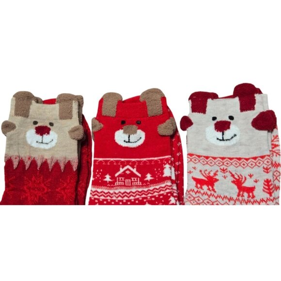 3 Pairs Christmas Unisex Adult Mid-Calf Cozy Snowflake & Reindeer Knit Socks NEW - Picture 16 of 16